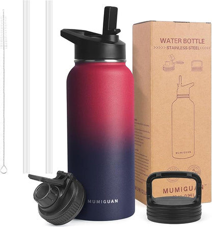 32oz Insulated Water Bottle with 3 Lids(Straw, Hand and Spout Lid), Double Vacuum Stainless Steel Metal Water Flask(BPA-free, CPC) for Sports, Camping, Hiking, Cycling, Fitness and more(Dark Rainbow)