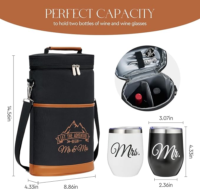 AW BRIDAL Mr and Mrs Gifts Bridal Shower Gifts His and Hers Gifts Wedding Gifts, Couple Engagement Gifts- Wine Gift Bag Wine Cooler Bag Insulated Wine Carrier Tote with Tumblers
