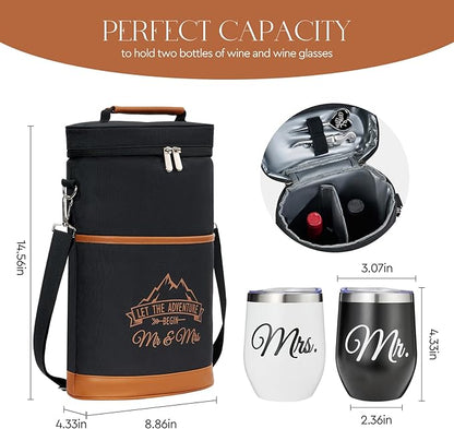AW BRIDAL Mr and Mrs Gifts Bridal Shower Gifts His and Hers Gifts Wedding Gifts, Couple Engagement Gifts- Wine Gift Bag Wine Cooler Bag Insulated Wine Carrier Tote with Tumblers