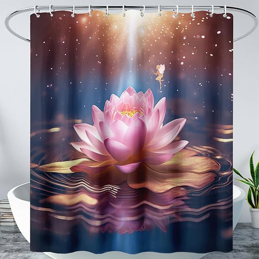 AILONEN Pink Flower Shower Curtain,Galaxy Floral Lotus Flower Bath Curtain,Polyester Waterproof for Bathroom with 12 Plastic Hooks 48" W*72" H