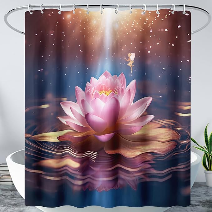AILONEN Pink Flower Shower Curtain,Galaxy Floral Lotus Flower Bath Curtain,Polyester Waterproof for Bathroom with 12 Plastic Hooks 72" W*84" H