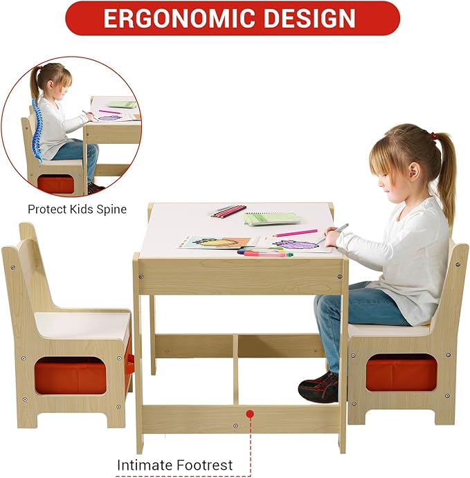 4-in-1 Kids Activity Table Set, Kids Table and Chair Set with/Storage, Removable Tabletop, Chalkboard, 3-Piece Toddler Furniture Set for Art, Crafts, Drawing, Reading, Playroom
