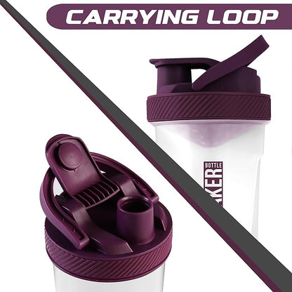 Utopia Home Shaker Bottle 2 Pack - 24 Ounce Plastic Protein or Cocktail Shaker Bottle for Pre & Post workout with Twist & Lock Protein Box Storage (Clear/Plum)