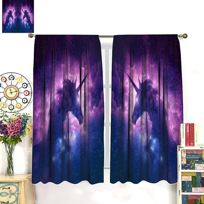 Unicorn Curtains Children's Cartoon Starry Sky Theme Unicorn Pattern Curtains Star Galaxy Boys Girls Room Blackout Curtains 72x63 Inch 2 Panels