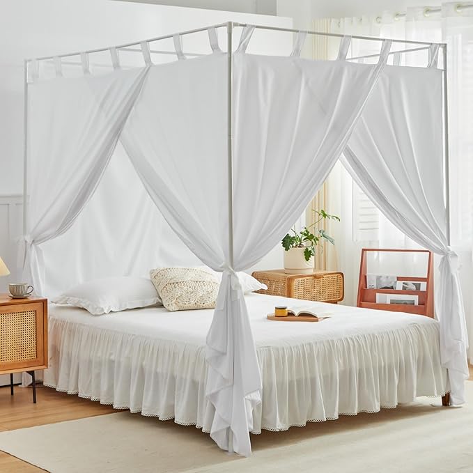 AIKASY White Canopy Bed Curtains with Top Ties and Tie Backs for Bedroom Decoration - King Size Bed Curtains with Windproof and Lightproof Features