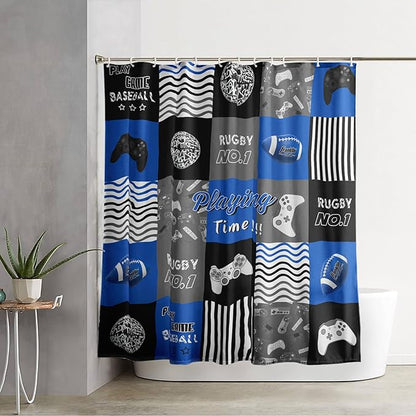 AILONEN Gamepad Shower Curtain,Navy Blue Ball Sports Bathroom Shower Curtain Sets for Boys Kids Teens, 48" W*72" H Gaming Gamer Theme Shower Curtain for Bathroom