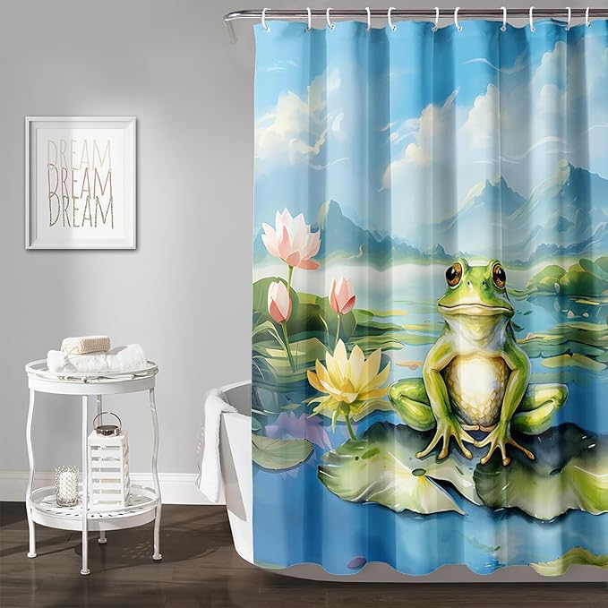 AILONEN Cartoon Frog Shower Curtain Set for Bathroom,Kawaii Green Frog Bath Curtain,Amphibian Animal Shower Curtain,Lotus Flower Waterproof Fabric Shower Curtain with Hooks,48" W*72" H