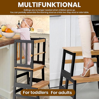 COSYLAND Kids Kitchen Step Stool, Toddler Standing Tower with CPC & FSC Certification, Removable Anti-Drop Railing Safety Rail Enjoys Unique Patented Design A Anti-tip Stable Structure Natural & Black