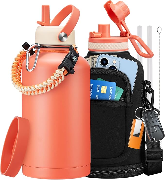 64 oz Water Bottles Insulated - Cold 48H Hot 24H, Half Gallon Water Jug w/Straw & Spout Lid, Handle Strap Carrier Bag, Leak Proof 2Liter Stainless Steel Thermo Flask for Gym Sports Work Coral Orange
