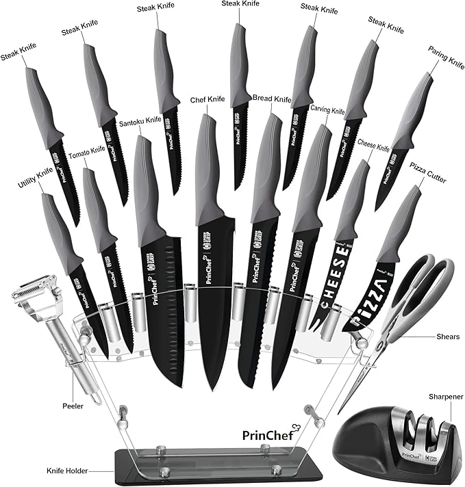 PrinChef Knife Set, 19 Pcs Rust Proof Knives Set for Kitchen, with Acrylic Stand, Sharpener, Scissors and Peeler, Stainless Steel kitchen knife set Nonstick and No Scratch