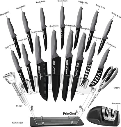 PrinChef Knife Set, 19 Pcs Rust Proof Knives Set for Kitchen, with Acrylic Stand, Sharpener, Scissors and Peeler, Stainless Steel kitchen knife set Nonstick and No Scratch
