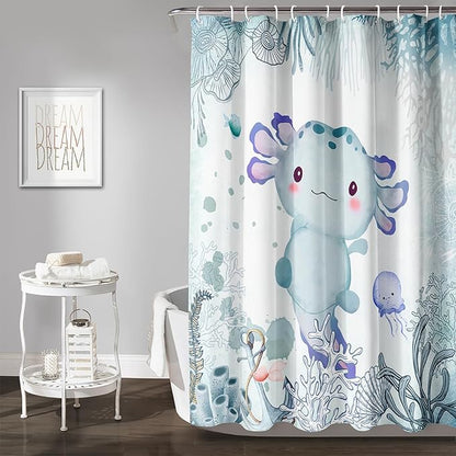 AILONEN Cute Axolotl Shower Curtain for Bathroom Teal Blue Ocean Beach Coastal Bath Curtain Decor 48" W*72" H Polyester Fabric Waterproof Bathroom Curtain with 12 Hooks