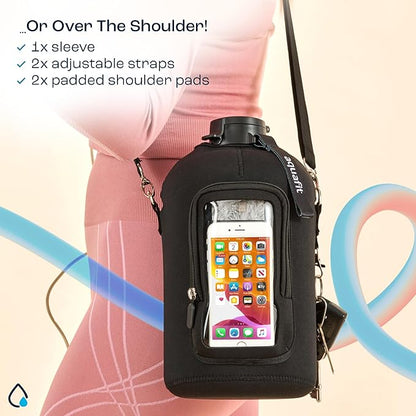 AQUAFIT 1 Gallon Jug Sleeve, Neoprene Water Bottle Bag with Adjustable Shoulder Strap and Pocket, 128 oz Water Bottle Sling Bag, Water Bottle Carrier Bag (Sleeve Only - No Bottle, Black)
