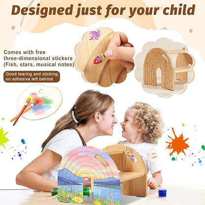 Rainbow Wooden Toddler Step Stool, Two-Step Stool for Bathroom, Kitchen and Potty Training,with Safety Non-Slip Pad, Handle and Auto Light(Natural)