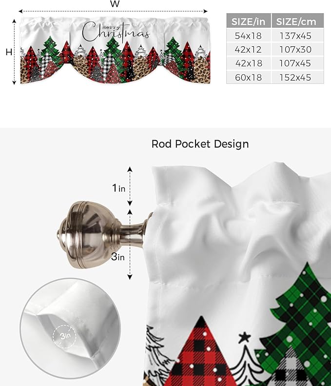 Merry Christmas Blackout Tie Up Valance Curtains for Kitchen Windows Buffalo Plaid Xmas Tree Winter Forest Farmhouse Window Toppers Balloon Shades for Living Room/Bath/Bedroom, 60" X 18", Red Green
