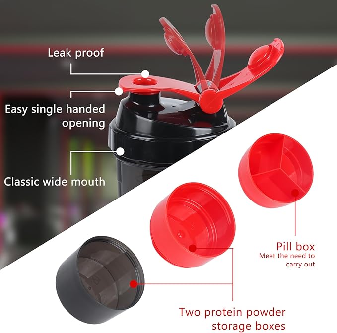 Shaker Bottle,Protein Shaker with Powder Storage Container 18oz, Leak Proof, Gym Bottle Portable Pre Workout for Mix & Drink Shakes & Smoothies,Dishwasher Safe,BPA Free,Red