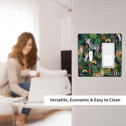 Cartoon Animal Zebra Leopard Giraffe Bird Leaf 2 Gang Single Toggle Rocker Combination Nursery Light Switch Covers Decorative Wall Plate Cover Electrical Faceplate Switchplate for Kidroom