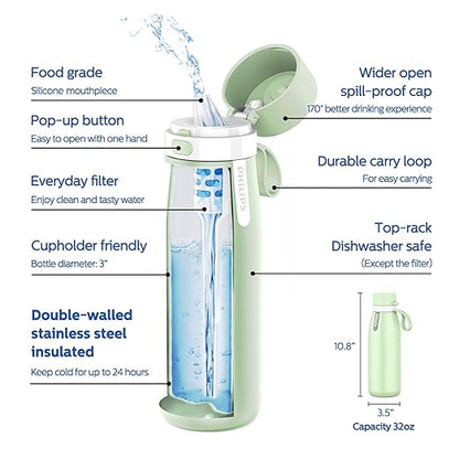 PHILIPS GoZero Everyday Insulated Stainless Steel Water Bottle Everyday Tap Water Filter BPA Free Transform Tap Water into Healthy Tastier Water Keep Drink Hot/Cold, 32 oz, Green