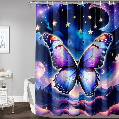 AILONEN Butterfly Shower Curtain for Girls, Fairy Purple Clouds Print Starry Butterfly Bath Curtain,Fantasy Moon Butterfly Decoration Bathroom Waterproof Curtain with 12 Plastic Hooks, 72" W*72" H