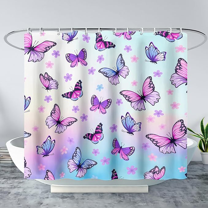 AILONEN Pink Butterfly Girls Shower Curtain for Bathroom Decor,Beautiful Floral Butterfly Women Butterfly Bath Curtain 36" W*72" H Polyester Waterproof Bathroom Curtain with 12 Hooks