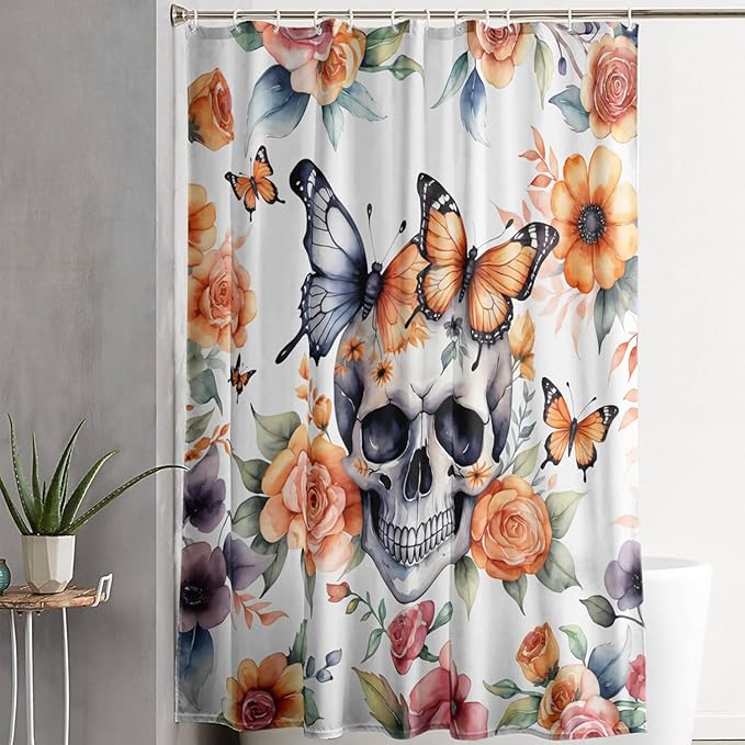 AILONEN 3D Sugar Skull Shower Curtain,Sunflower with Skeleton Design Shower Curtain Set with Hooks for Boys Girls,Butterfly Gothic Skull Waterproof Fabric Shower Curtain for Bathroom,48" W*72" H