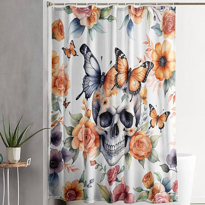 AILONEN 3D Sugar Skull Shower Curtain,Sunflower with Skeleton Design Shower Curtain Set with Hooks for Boys Girls,Butterfly Gothic Skull Waterproof Fabric Shower Curtain for Bathroom,48" W*72" H