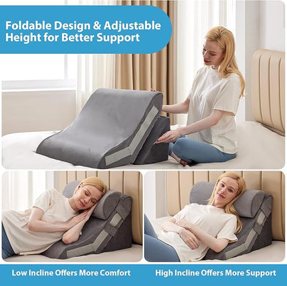 3PCS Bed Wedge Pillow for Sleeping, Adjustable Memory Foam Wedge Pillow for Back Leg Pain Relief, 23” Wide Triangle Pillow Wedge for Post Surgery, Acid Reflux, GERD & Snoring, Grey