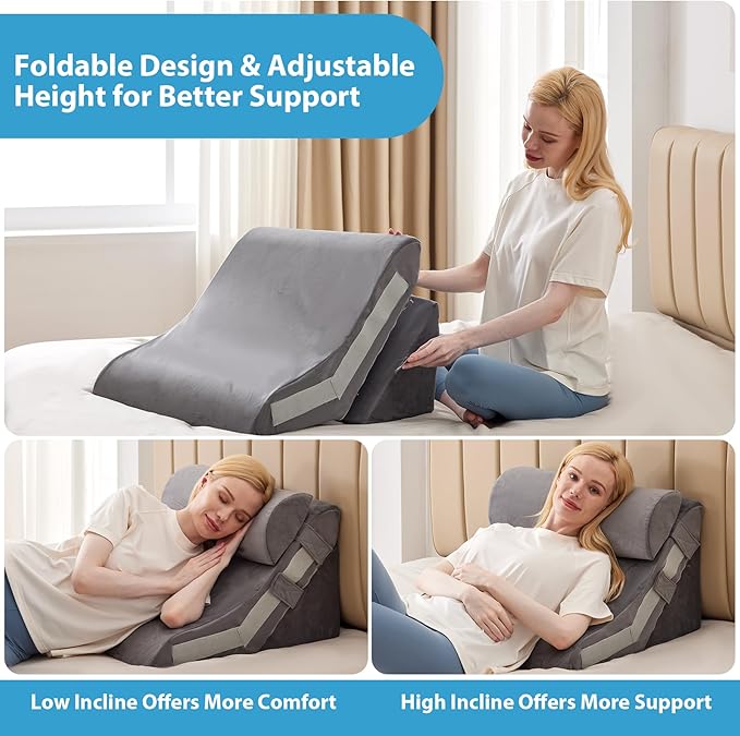 4pcs Orthopedic Bed Wedge Pillow Set, Memory Foam Post Surgery Pillow for Back, Leg Pain Relief, Adjustable Pillow Wedge for Sleeping, Bed Sitting up, Acid Reflux, GERD & Snoring, Grey