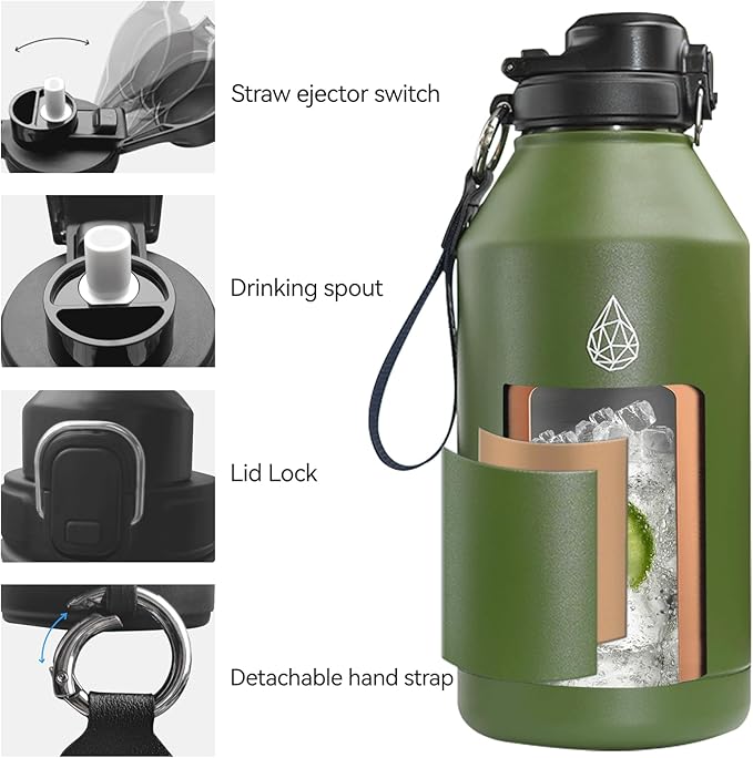 64 oz Insulated Water Bottle With Straw Pop-up & Auto Spout Lid, Flex Handel, Waterbottle Strap Carrier, Half Gallon Stainless Steel Water Hydro Jug Thermo Flask(Chive Green)