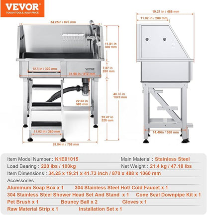 VEVOR 34" Pet Dog Bathing Station w/Ramp, Professional Stainless Steel Dog Grooming Tub w/Storage Drawer, Faucet,Rich Accessory, Dog Bathtub for Large,Medium,Small Pets, Washing Sink for Home(Right)…