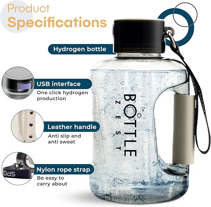 50oz | 1.5L Hydrogen Water Bottle Generator | Latest 2024 SPE PEM Technology | Leakproof | Sports Bottle Jug and Handle | Tritan BPA Free Plastic (Black)