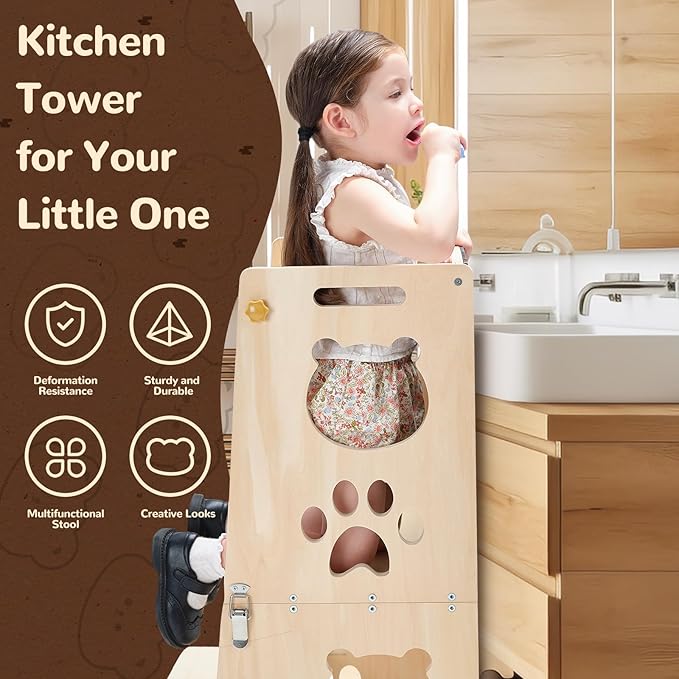 Collapsible Toddler Kitchen Step Stool With Chalkboard, Safety Rail, and Standing Tower for Kids 1-3