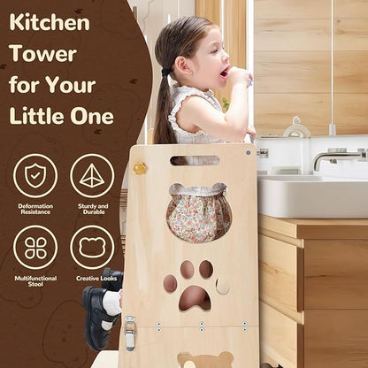 Collapsible Toddler Kitchen Step Stool With Chalkboard, Safety Rail, and Standing Tower for Kids 1-3