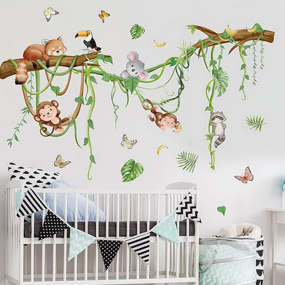 Removable Jungle Animals Wall Decals Peel and Stick Safari Monkey Climbing Tree Wall Stickers Vinyl Sloth Butterfly Vine Mural Art Decor for Kids Nursery Bedroom Living Room Sofa TV Wall