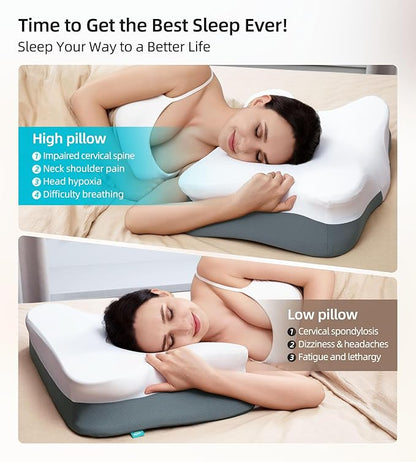 ALLJOY Cervical Pillow for Neck Shoulder, Ergonomic Side Sleeper Pillow for Pain Relief, Cooling Odorless Memory Foam Pillows for Deep Sleep, Neck Support Pillow for Back Stomach Sleepers, Grey