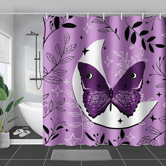 AILONEN Butterfly Shower Curtain for Bathroom Sun and Moon Purple Boho Bath Curtain 48" W*72" H Polyester Fabric Waterproof Bathroom Curtain with 12 Hooks
