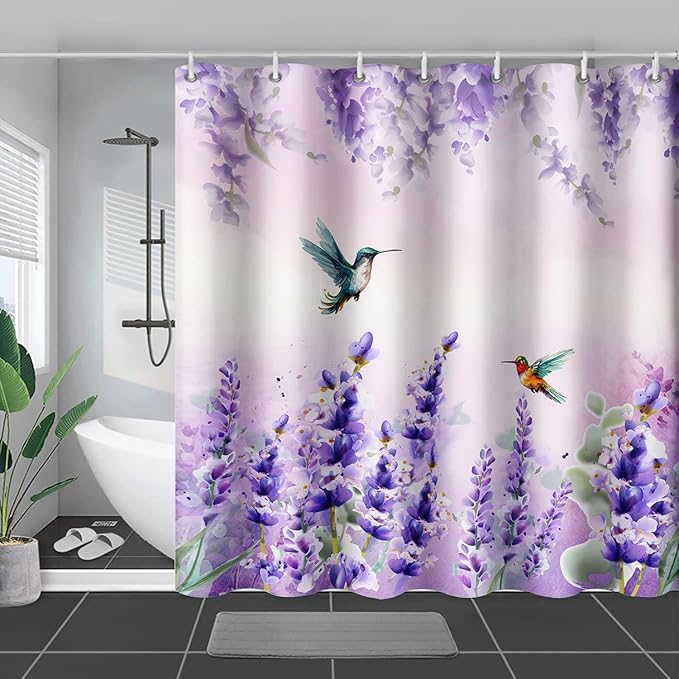 AILONEN Waterproof Floral Shower Curtain for Bathroom,Purple Wisteria Lavender Flowers Shower Curtain,Botanical Floral Decor Bathroom Polyester with Grommets and Hooks 48" W*72" H