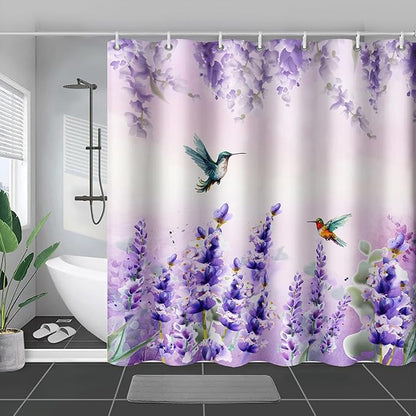 AILONEN Waterproof Floral Shower Curtain for Bathroom,Purple Wisteria Lavender Flowers Shower Curtain,Botanical Floral Decor Bathroom Polyester with Grommets and Hooks 36" W*72" H