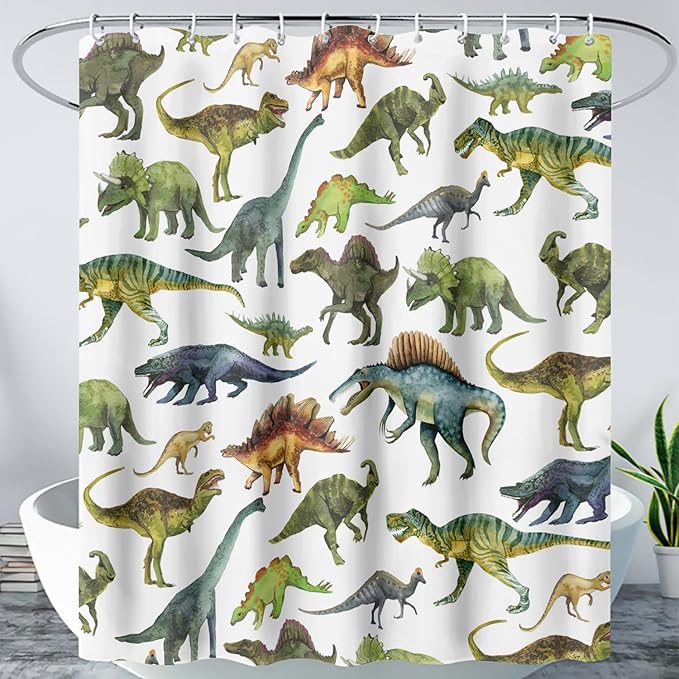 AILONEN Dinosaur Shower Curtain 36" W*72" H for Bathroom,Cartoon Dinosaur Bathroom Shower,Tropical Jungle Dinosaur Kids Boys Bath Curtain Polyester Waterproof Bathroom Curtain with Hooks