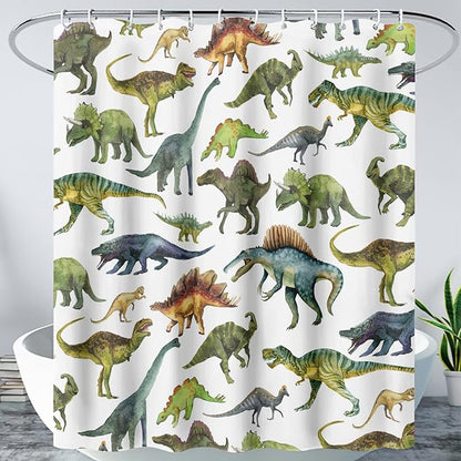 AILONEN Dinosaur Shower Curtain 60" W*72" H for Bathroom,Cartoon Dinosaur Bathroom Shower,Tropical Jungle Dinosaur Kids Boys Bath Curtain Polyester Waterproof Bathroom Curtain with 12 Hooks