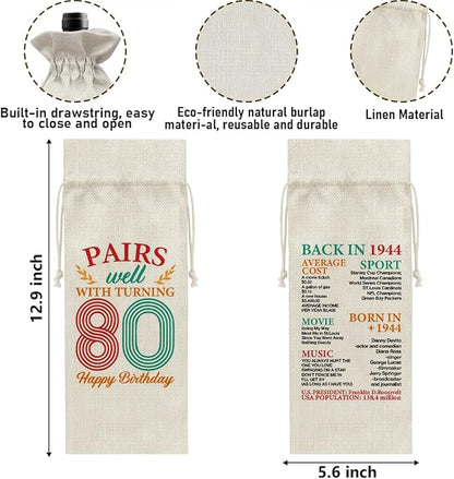 80th Birthday Gifts Wine Bag Congratulations Gifts for Women Men Parents Mom Dad Anniversary 1944 Birthday Wine Gift Bag