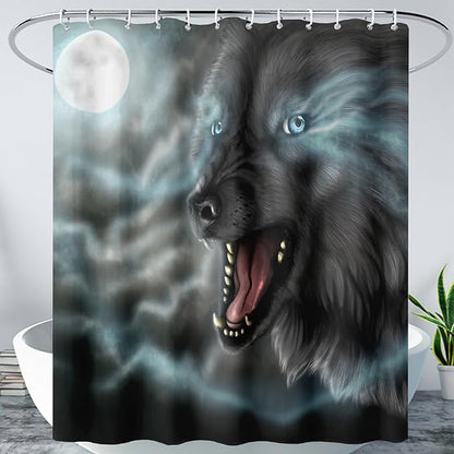 AILONEN Howling Wolf Shower Curtain,Cloud Moon Wolf Bath Curtain,Wildlife Wolf Polyester Waterproof for Bathroom,48" W*72" H with 12 Plastic Hooks