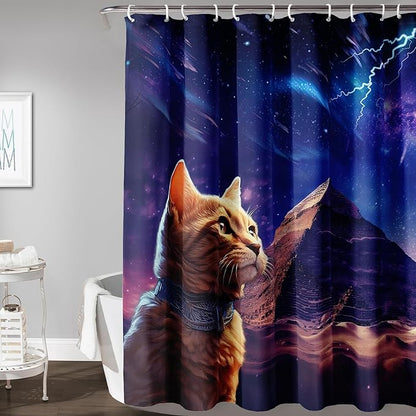 AILONEN Cat Shower Curtain,Blue Galaxy Lightning Pyramid Pet Cat Bath Curtain Gifts for Cat Lover,Polyester Waterproof for Bathroom,72" W*72" H with 12 Plastic Hooks