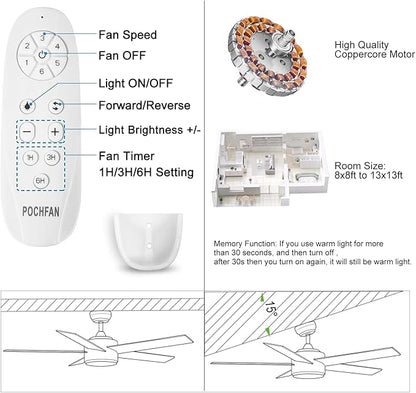 44 inch White Ceiling Fan with Lights and Remote Control, Dimmable Ceiling Fans with Lights,3-Color, Quiet Reversible 6-Speed, Wood Modern Ceiling Fan for Bedroom, Living Room, Dining Room