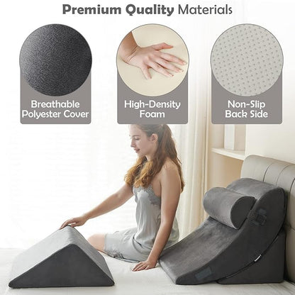 Ganaver 4Pcs Wedge Pillow for Sleeping, Orthopedic Bed Wedge Pillows for After Surgery, Foam Triangle Sit Up Pillow Wedge for Back, Neck, Shoulder Support, Leg Elevation, Acid Reflux, Snoring, Grey