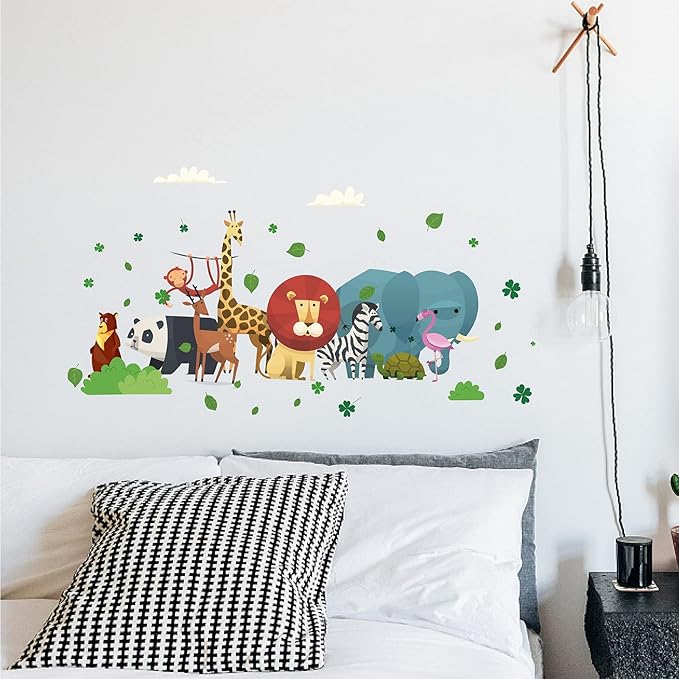 CREATCABIN 4pcs Cartoon Animal Vinyl Wall Decal Forest Wall Stickers Self-Adhesive Peel Stick Nature DIY Mural Decoration for Girl Boy Bedroom Living Room Kitchen Wardrobe Door Playroom Classroom