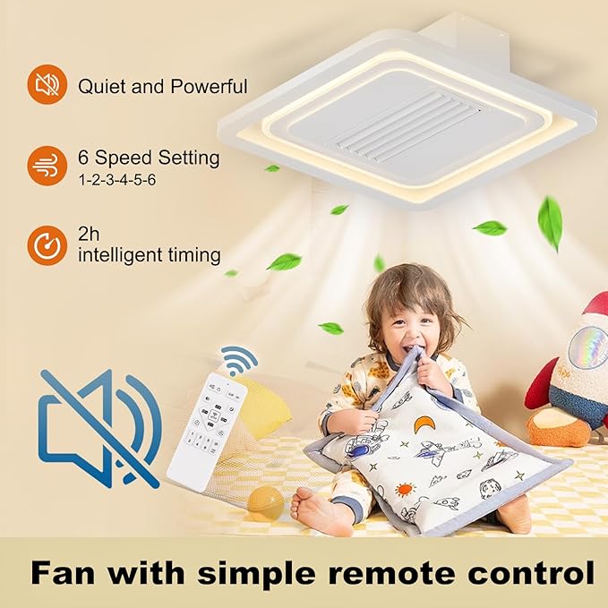 21 Inch Speed Bladeless Ceiling Fan,LED Ceiling Lights with Fan,Remote Control Enclosed Flush Mount Ceiling Fan With Timming,Low Profile Ceiling Fan With Light,3000-6000K, 6 Wind Speed