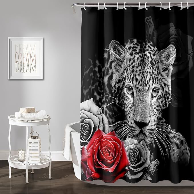 AILONEN Grey Leopard Shower Curtains for Women,Rose Leopard Bath Curtains Gifts for Lover,Polyester Waterproof for Bathroom with 12 Plastic Hooks 60" W*72" H Grey