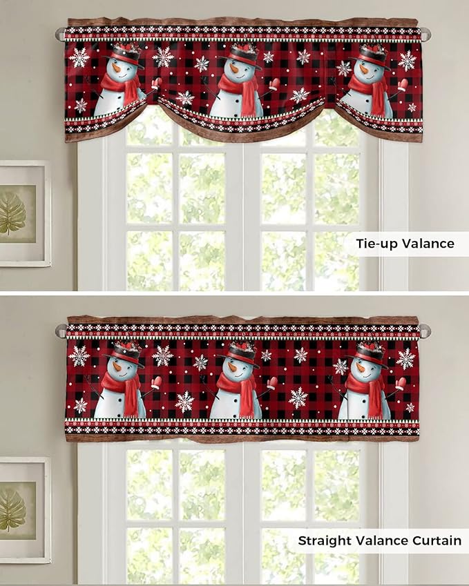 Christmas Blackout Tie Up Valance Curtains for Kitchen Windows Funny Snowman Snowflake Window Toppers Balloon Shades for Living Room/Bathroom/Bedroom,1 Panel,60" X 18" Red Farmhouse