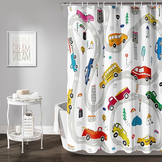 AILONEN Construction Shower Curtain, Truck Fire Engine Police Car Bath Curtain for Kids Boys,Red Yellow Blue Truck Car Bathroom Decor Waterproof Fabric 72" W*72" H Inch with 12 Plastic Hooks
